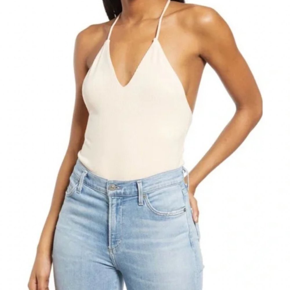 NEW Nordstrom AFRM Hara T-Back Ribbed Bodysuit Cream Tan Size Small Rib Neutral